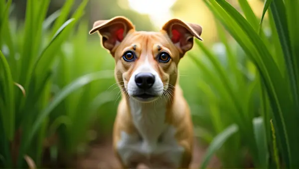 Short-Coated Tan Dog Amid Lush Foliage