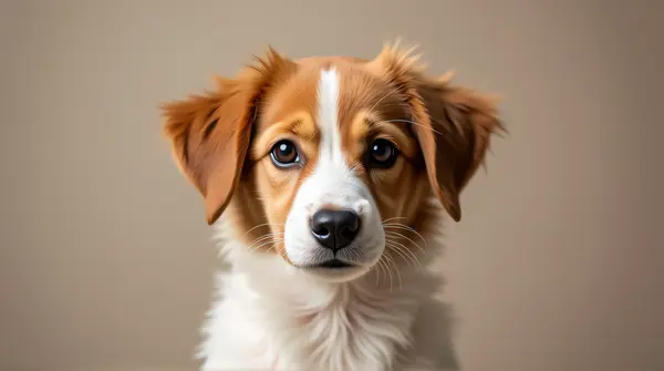 Portrait of a short-coated dog with tawny and cream fur against a blurred background.