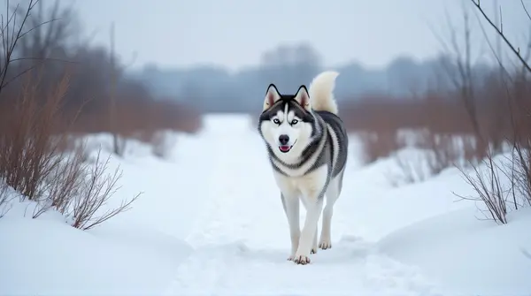 White and gray Siberian husky with blue eyes walking on a winding icy path bordered by bare branches.