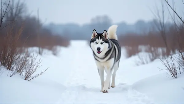 Siberian Husky With Piercing Blue Eyes On Icy Trail