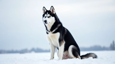 Siberian Husky Sitting Snowy Landscape Focused Posture