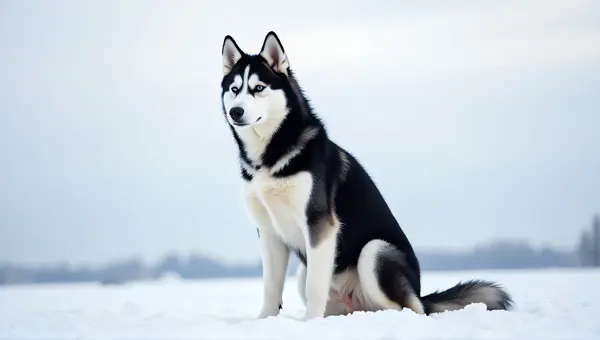 Siberian Husky Sitting Snowy Landscape Focused Posture