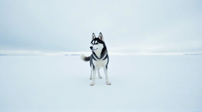 Siberian Husky On Snowy Landscape With Overcast Sky