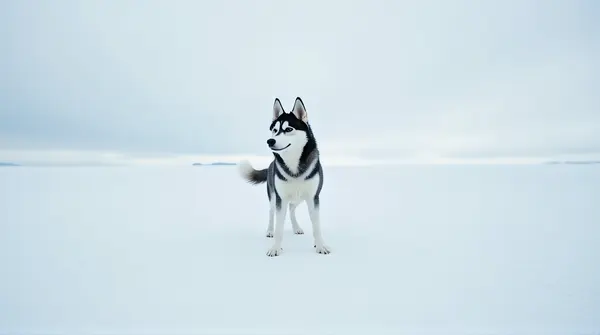 Siberian husky with detailed fur standing on a wide white landscape under a cloudy sky