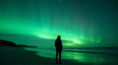Silhouette On Beach Under Green Celestial Sky