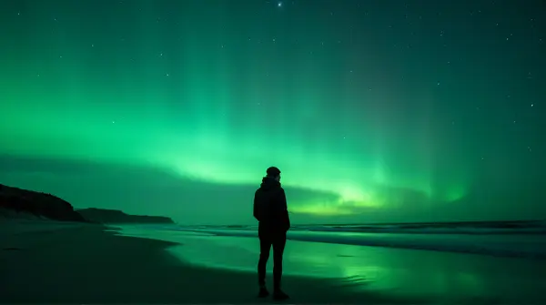 Silhouetted figure on beach with a glowing green sky filled with twinkling celestial bodies and gentle shoreline curves.