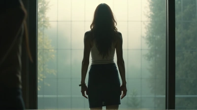 Silhouette Of Female Figure Behind Glass Pane