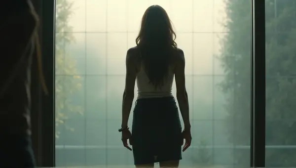 Silhouette Of Female Figure Behind Glass Pane