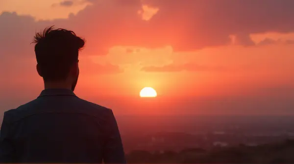 Dark figure outlined against a glowing orange and pink sky with soft clouds at dusk