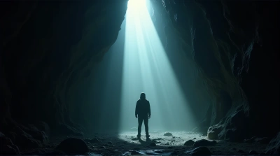 Silhouette In Illuminated Rocky Chamber
