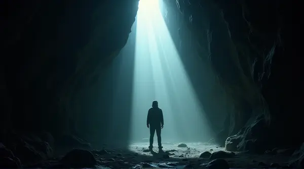 Silhouette In Illuminated Rocky Chamber