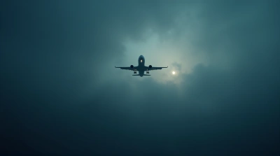 Silhouette Of Plane Gliding Over Misty Sky