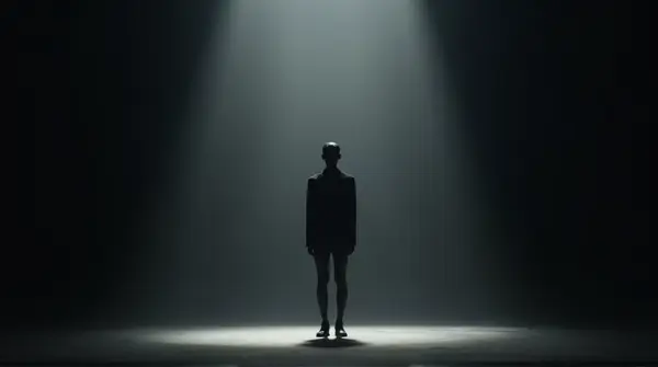 A solitary figure stands outlined against a dark void with subtle contours highlighting posture.