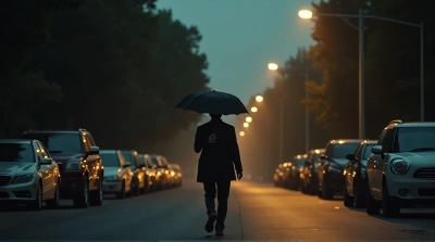Silhouette Walking Dusk Avenue Under Lamplight