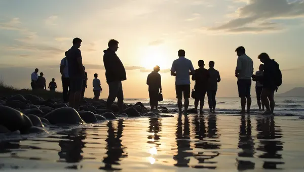 Silhouettes of People by Reflective Water Edge