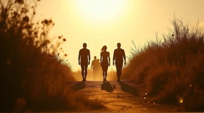 Silhouettes On Sunlit Path With Tall Grass