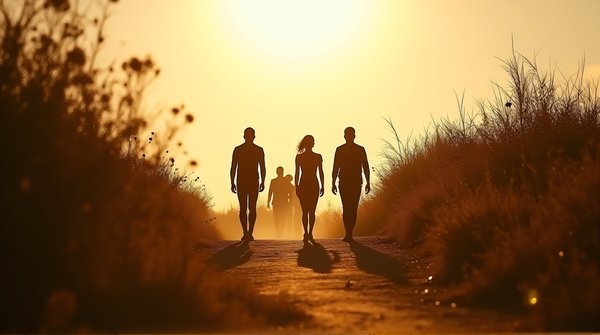 Silhouetted figures walking along a sunlit path bordered by scattered bushes and tall grass under a clear sky
