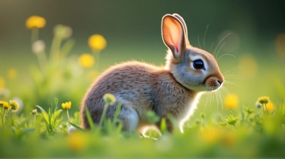 Silver Rabbit Alert in Vibrant Meadow Scene