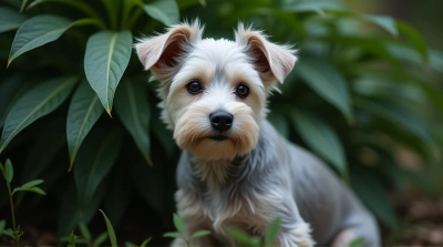 Silver Short-Haired Dog Near Lush Foliage Texture