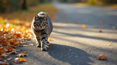 Silver-Striped Cat On Autumn Path With Leaves