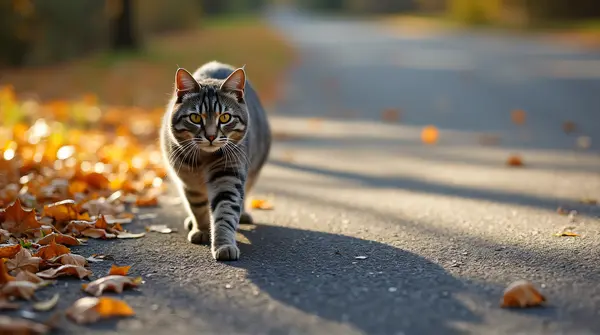 Silver-striped cat walking on sunlit path with scattered autumn leaves and soft shadows