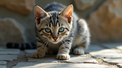 Silver Striped Cat With Green Eyes On Stone