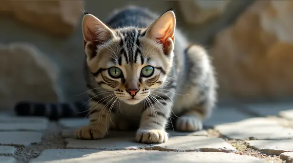Silver striped cat with green eyes crouched on textured stone under soft shadows.