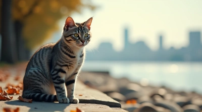 Silver Tabby Cat Resting On Shingles With City Background