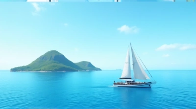 Single Boat With Crisp Sails Near Green Peak