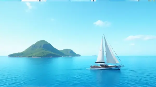 A single boat with crisp sails floats beside a green hill under a clear daytime sky.