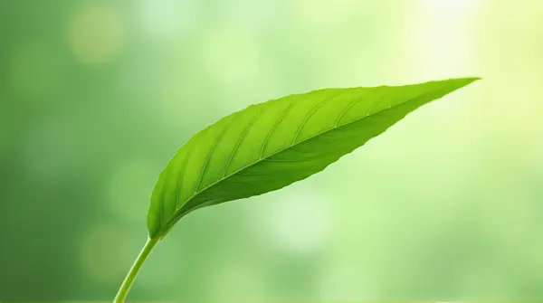 A single leaf blade diagonally placed on a softly lit background showing detailed patterns and gentle color shifts.
