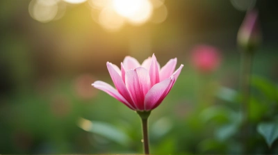 Single Pink Blossom Against Blurred Garden