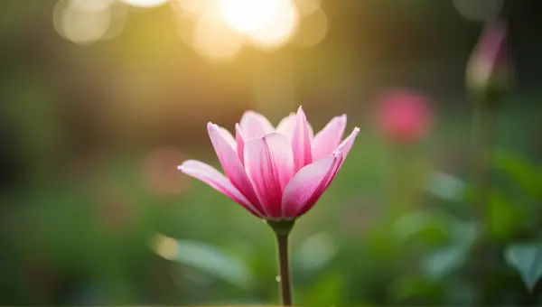Single Pink Blossom Against Blurred Garden