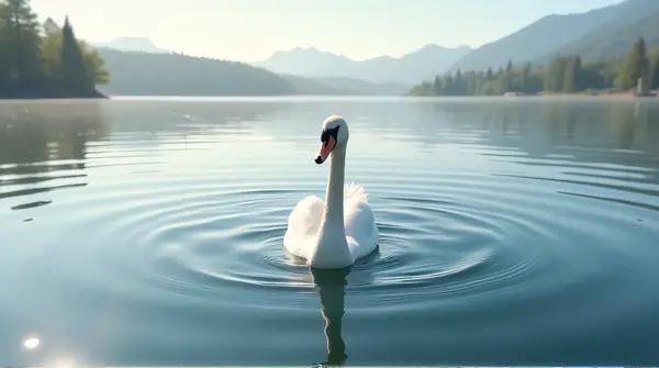 A lone pale swan floats gently on a smooth lake under bright sunlight with a clear sky above.