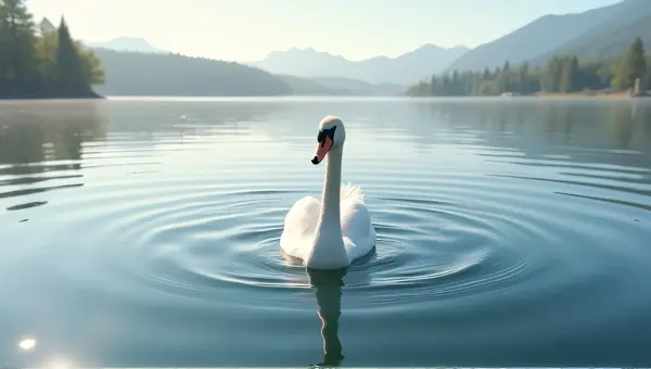 Single Swan Floating On Tranquil Lake Surface