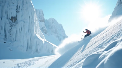 Skier Descending Icy Slope Under Bright Sunlight