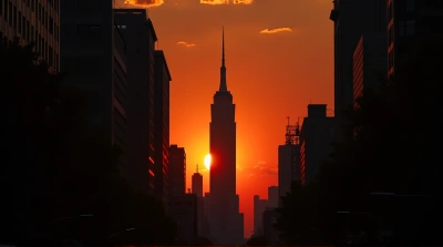 Skyscraper Silhouette With Fiery Sunset Glow