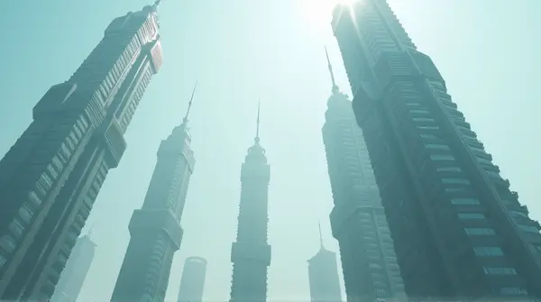 Low angle view of tall skyscrapers illuminated by sunlight against a pale cerulean sky