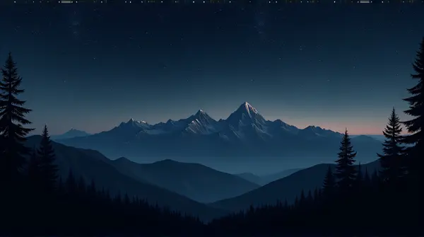 Slate-colored mountain peaks under a dark sky filled with twinkling stars and silhouetted pine trees in front.