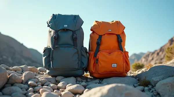 Two backpacks in slate and tangerine colors resting on jagged stone under a bright sky.
