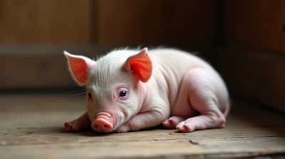Sleeping Piglet On Rustic Wooden Floor