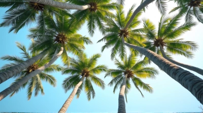 Slender Coconut Palms Cluster Against Bright Sky