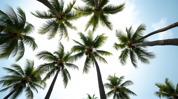 Slender Coconut Palms Reaching Bright Sky