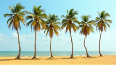 Slender Palm Trees Swaying Near Sandy Shoreline