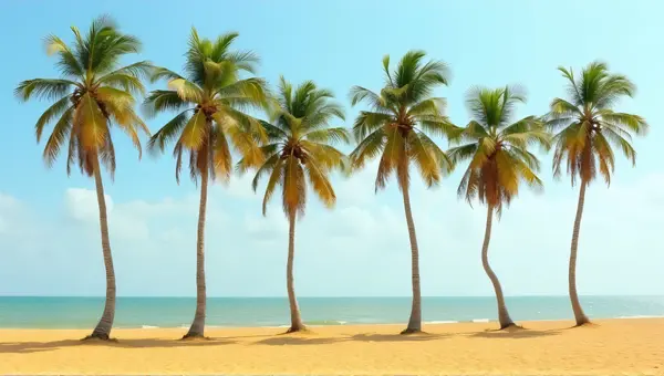 Slender Palm Trees Swaying Near Sandy Shoreline