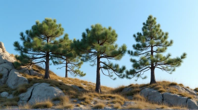 Slender Pines Under Soft Sunlight Near Rocky Hill