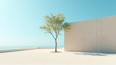 Slender Tree With Fan Leaves By Concrete Wall