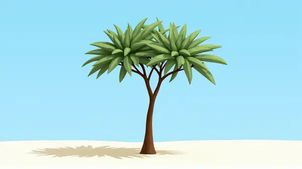 A solitary slender tree with elongated leaves stands centered on sandy terrain beneath a clear blue sky.