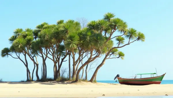 Slender Trees With Fan Leaves Beside Small Vessel
