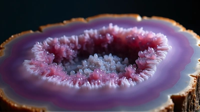 Sliced Geode Showing Violet Swirls And Crystals